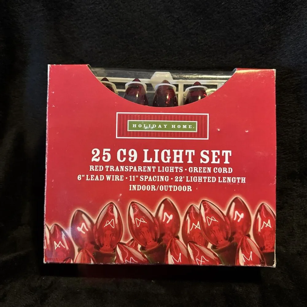 Holiday Home 25 C9 Light Set Red Transparent Lights Green Cord 22